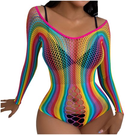 

Ladies Fashion Sexy Lingerie Fishnets Rainbow Gradient Color Hollow Sexy Long Sleeves Mesh Jumpsuit lingerie for women women s sexy lingerie crotchless lingerie for women