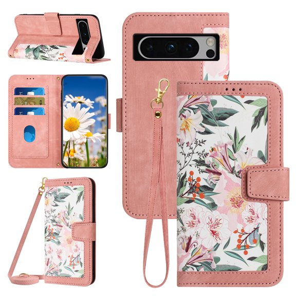 Compatible with Google Pixel 8 Pro Wallet Case for Women, Shoulder Strap Wristband Premium PU Leather Floral Flip Cover with Card Holder Kickstand Feature Protective Purse Case, Pink
