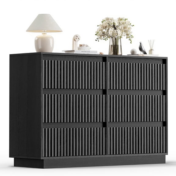 UPGO Wood Dresser, 6 Drawer Dresser for Bedroom, Modern Chest of Drawers with Deep Drawers Waterproof Living Room, Hallway, Entryway,Black