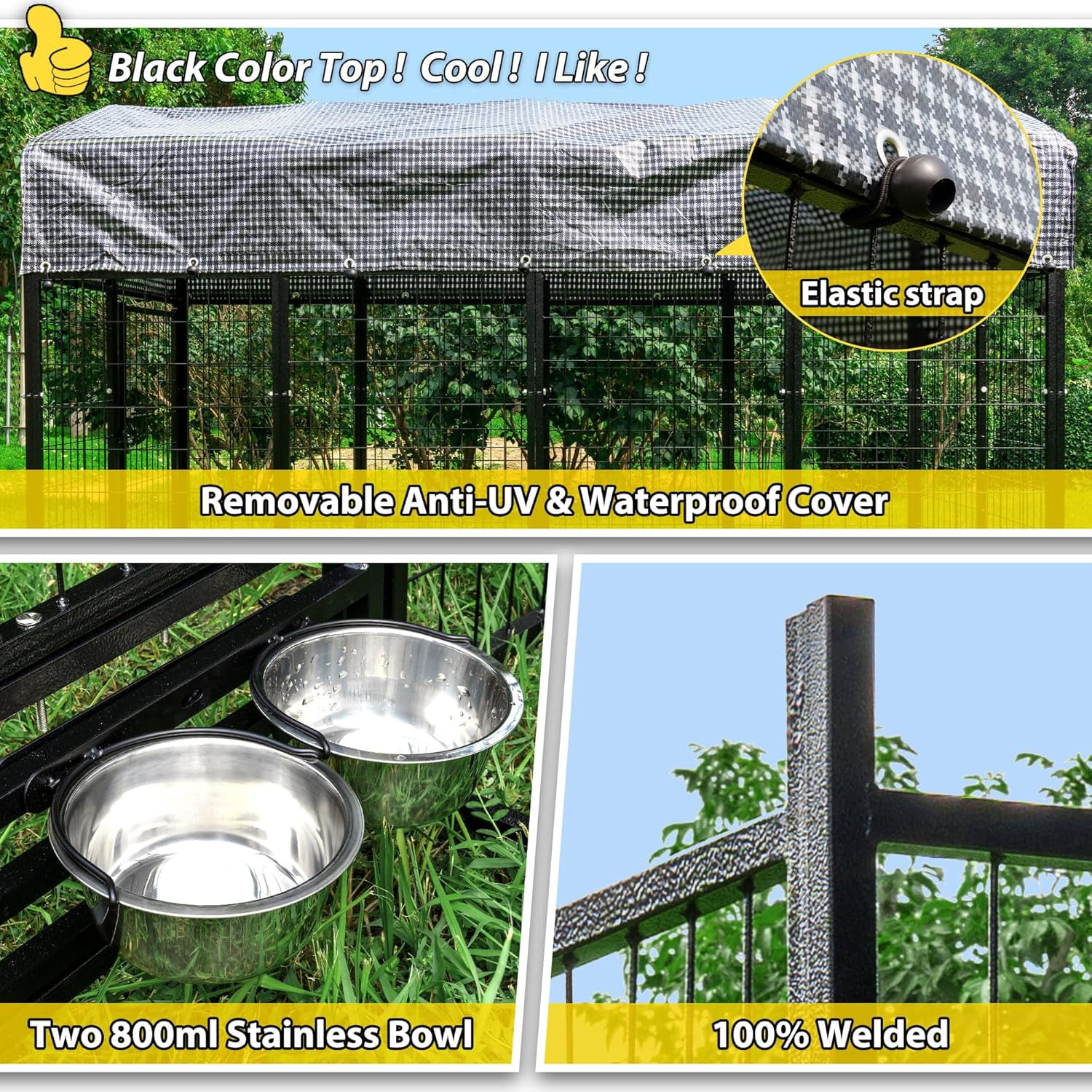 8‘x4’x6‘ Upgraded Large Dog Kennel Outdside with Bowls, Sturdy Outdoor Dog Playpen Dog Exercise House Dog Enclosure Run Pet Fence Coop with Lockable Feeding Doors and Roof, for Small and Large Dogs