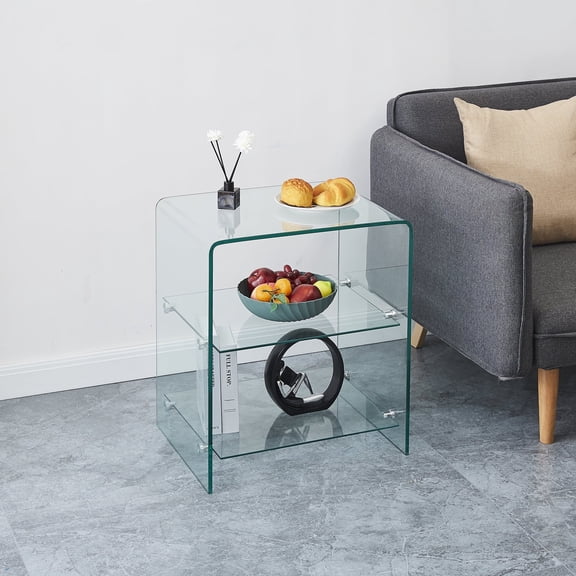 SMARTIK Clear Glass End Table, Square Glass Nightstand Bedroom Glass Side Table