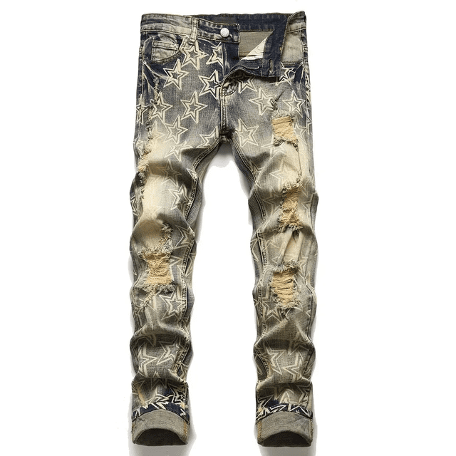 Chaqueta vaquera ajustada elástica con estampado de moda para hombre, pantalones vaqueros ajustados, pantalones de hip hop con parches de moda, pantalones casuales sueltos