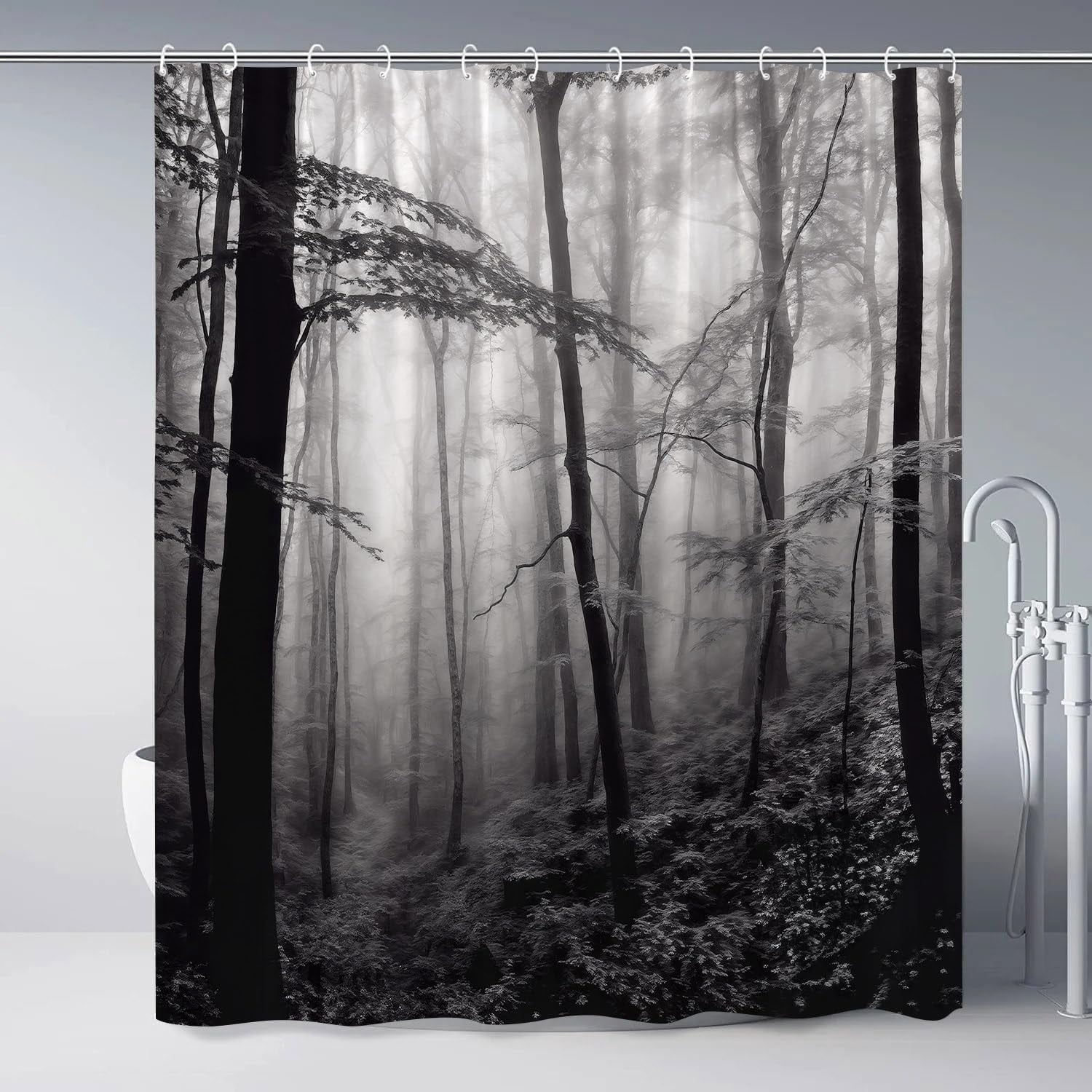 Misty Forest Shower Curtain Black White Foggy Nature Landscape Grey Fantasy Fog Tree Rustic Farmhouse Outdoor Bath Curtains with Hooks 70Wx70H Inch