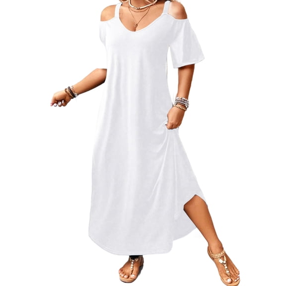 Fashion Oversize Beach Dresses for Womens 2026 Summer Cold-Shoulder V-Neck Short Sleeve Solid Color Casual Maxi Dress