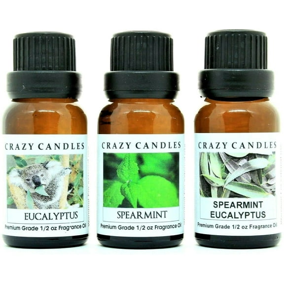 Crazy Candles 3 Bottles Set, 1 Eucalyptus, 1 Spearmint Eucalyptus, 1 Spearmint 1/2 Fl Oz Each (15ml) Premium Grade Scented Fragrance Oils