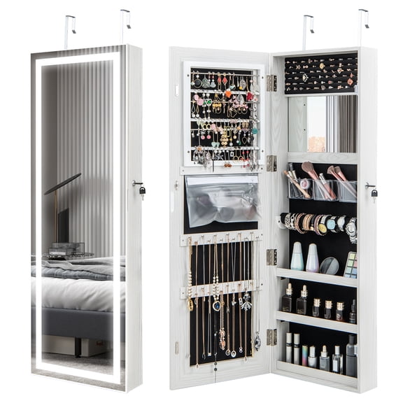 Costway Door Wall Mount Touch Screen LED Light Mirrored Jewelry Cabinet Storage White