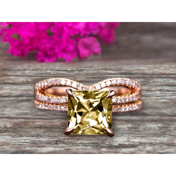 2.50 Carat VS Champagne Diamond Moissanite Wedding Ring Set 6mm Princess Cut 10k Rose Gold Engagement Ring Bridal Ring Loop Infinity Stacking Matching Band Staggering Shining Vintage Look