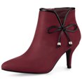 thumbnail image 1 of BLISSFUL STEP Women's Bow Pointed Toe Stiletto Heel Ankle Boots Burgundy (Size 6), 1 of 7