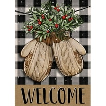 Welcome Winter Gloves Decorative Garden Flag, Christmas Mitten Red Berry Rustic Yard Outside Home Decorations, Xmas Black White Buffalo Plaid Check Farmhouse Burlap Outdoor Small Decor 12x18
