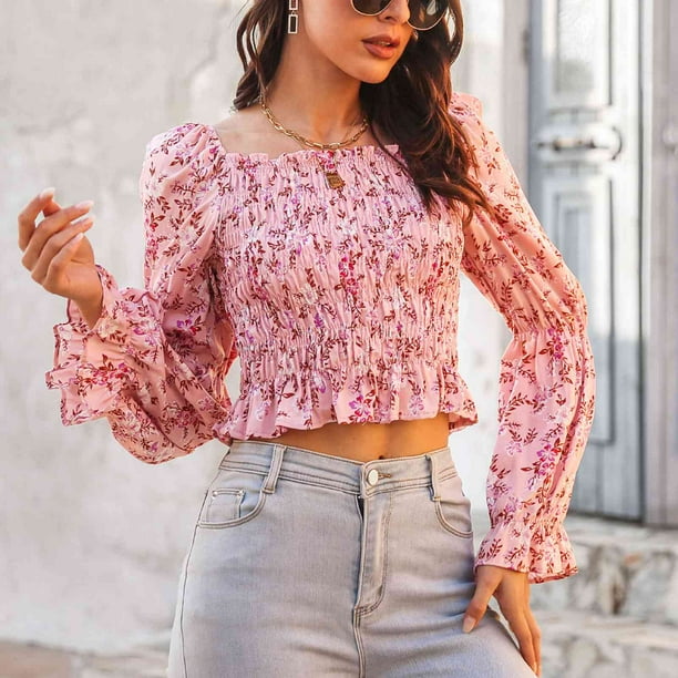 Top De Mujer, Blusa De Primavera De Fibra De Poliéster Con Estampado Floral, Manga Larga Para Oficina ANGGREK No