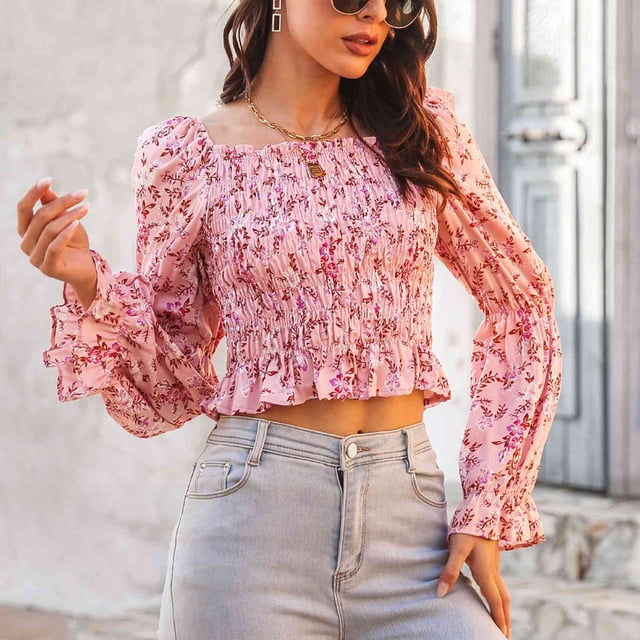 Blusa De Primavera, Patrón Floral Para Mujer, Top Cómodo, Manga Larga Para El Hogar ANGGREK Rosa L