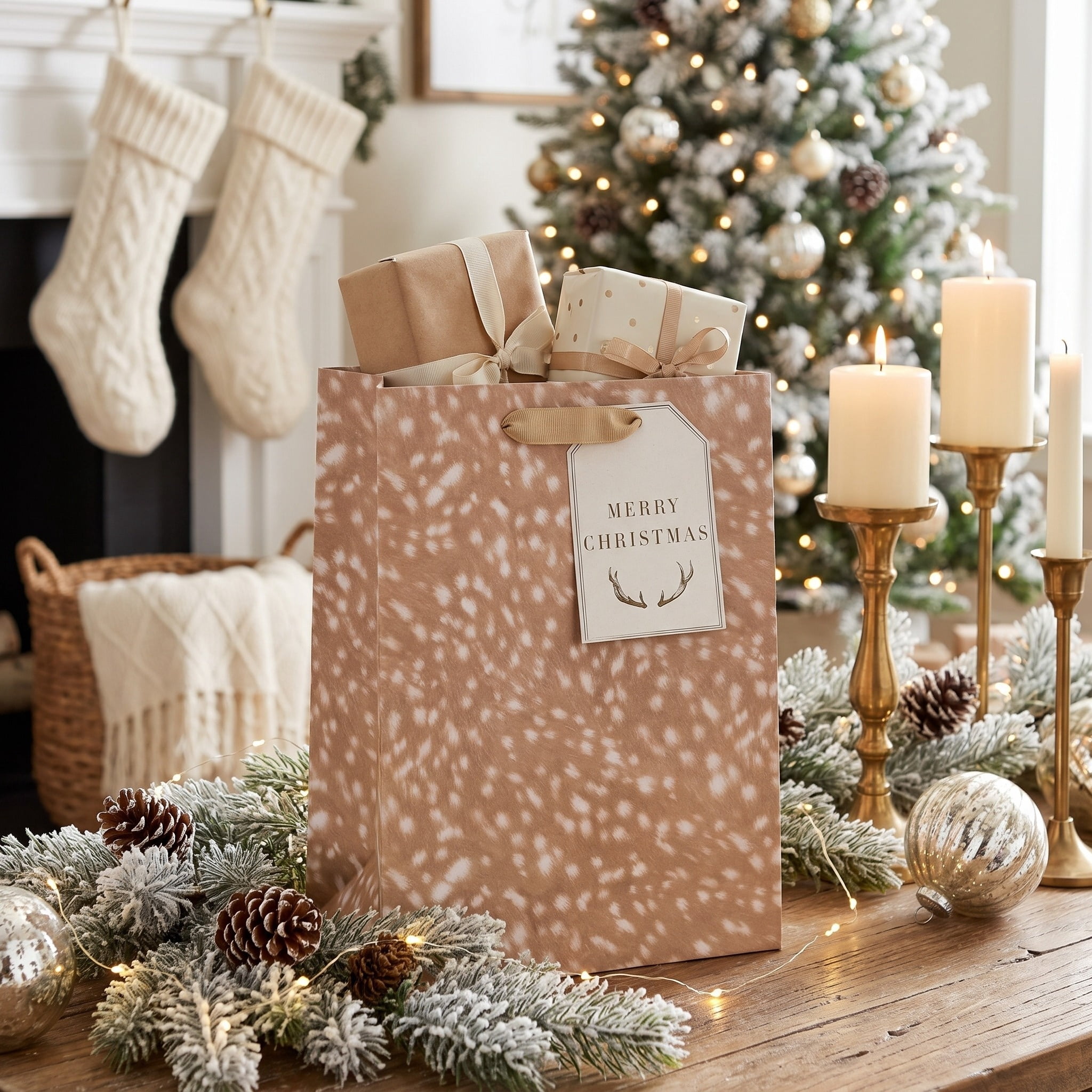 Tan and White Deer Print Christmas Paper Gift Bag, 7.5" x 4.5" x 9.75", by Holiday Time