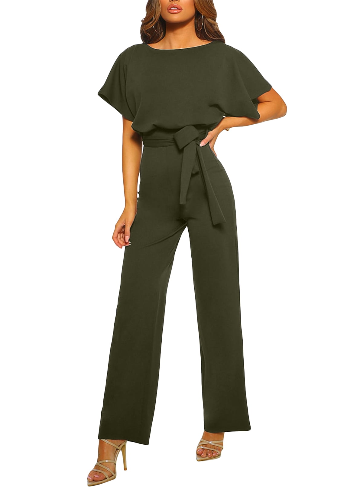WAo Womens Short Sleeve Jumpsuit Solid Color Belted Playsuit Wide Leg Pants Elegant Rompers Casual Jumpsuits with Belt