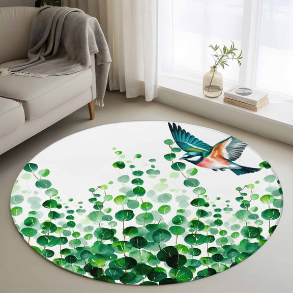Green Leaves Round Area Rug 3Ft Washable Small Circle Rugs for Kitchen Entryway, Spring Plants Country Bird Gradient Botanical Non-Slip Carpet Floor Mats Indoor Outdoor Carpet Runner Home Decor