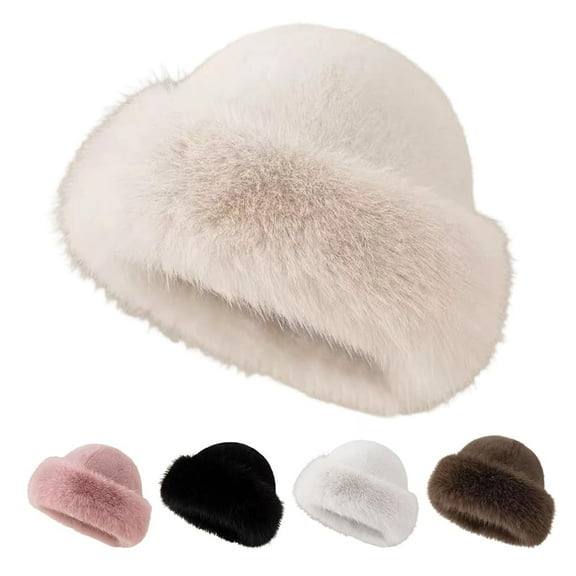Womens Winter Faux Fur Bucket Hat, 2026 New Warm Faux Mink Plush Hat Fluffy Fisherman Fuzzy Bucket Hat(Beige)