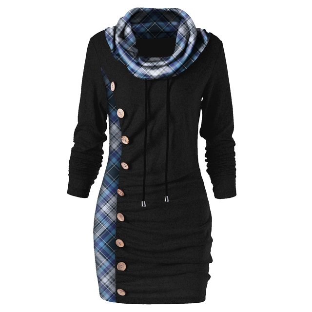 Fridja Dress For Women Plaid Button Collar Drawstring Stitching Tops Tunic Casual Long Sleeve Pullover Shirts