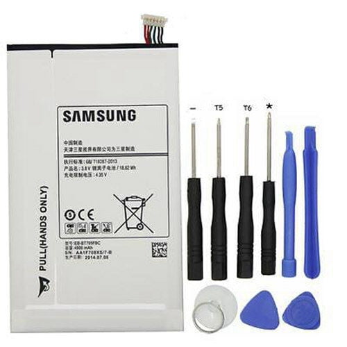 Replacement Battery for Samsung Tablet Tab S 8.4", model EB-BT705FBE, featuring a 4900 mAh capacity and 3.8 V voltage limit. The image shows the battery with installation tools, including screwdrivers and pry tools, suitable for Samsung Galaxy Tab S 8.4" models SM-T700, T701, and T705. Ideal for tablet battery replacement needs.