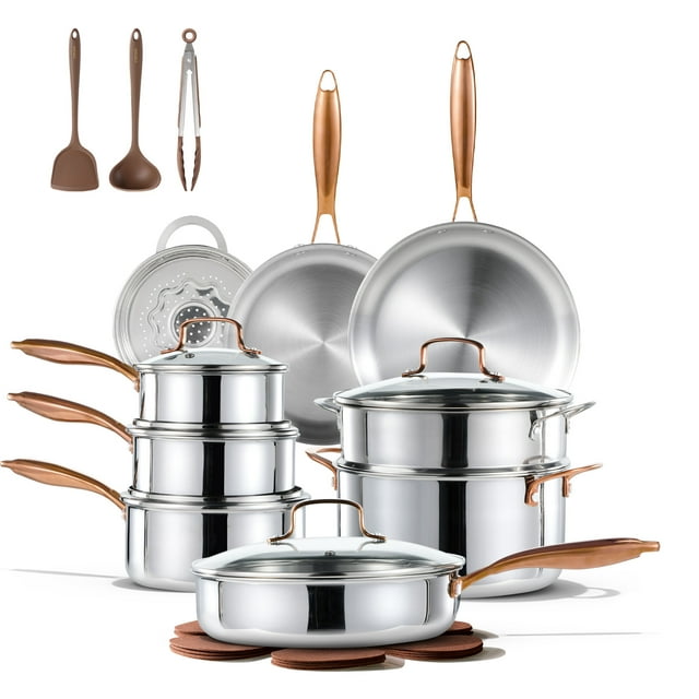 Carote 23-Piece Tri-Ply Stainless Steel Cookware Set with Lids, Nonstick Induction Compatible Pots & Pans Set, Oven Safe