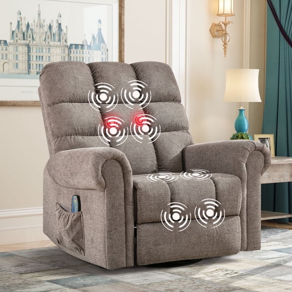 Bonzy Home Massage Swivel Rocker Recliner Chair with Heat & Vibration, Fabric Manual Reclining Sofa for Living Room, Camel