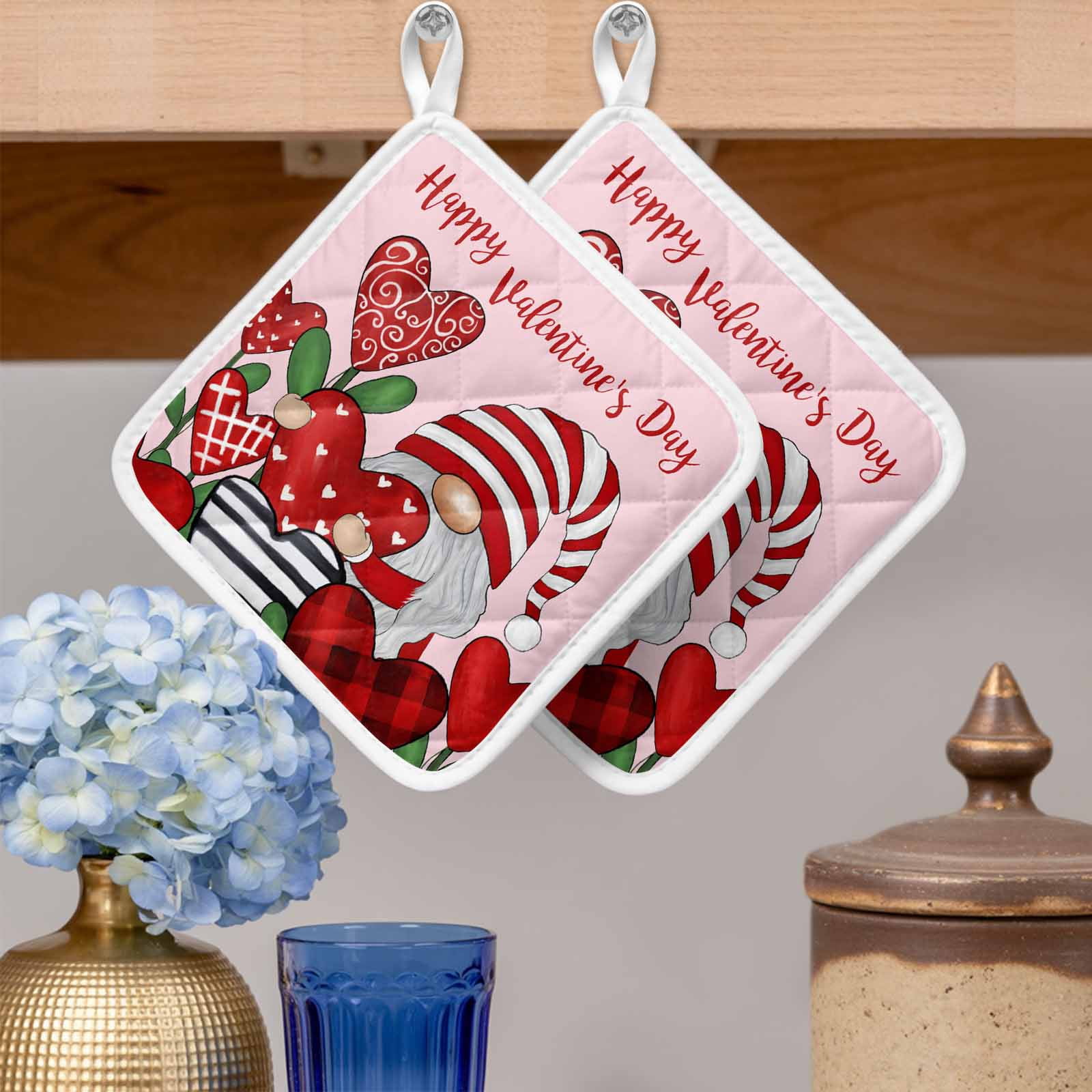 Valentines Pot Holders for Kitchen Heatproof Potholder, 5 Pack Red Love Heart Botanical Gnomes Pink Hot Pads Multipurpose Oven Pads Cloth Potholders Trivet for Cooking Baking