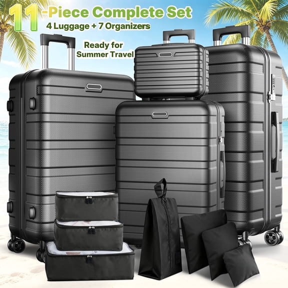 11-Piece Hardshell Luggage Set, 28/24/20 Spinner Suitcase, Carry-on, Toiletry Bag & Packing Cubes, Durable Travel Set with 360° Wheels & Lock
