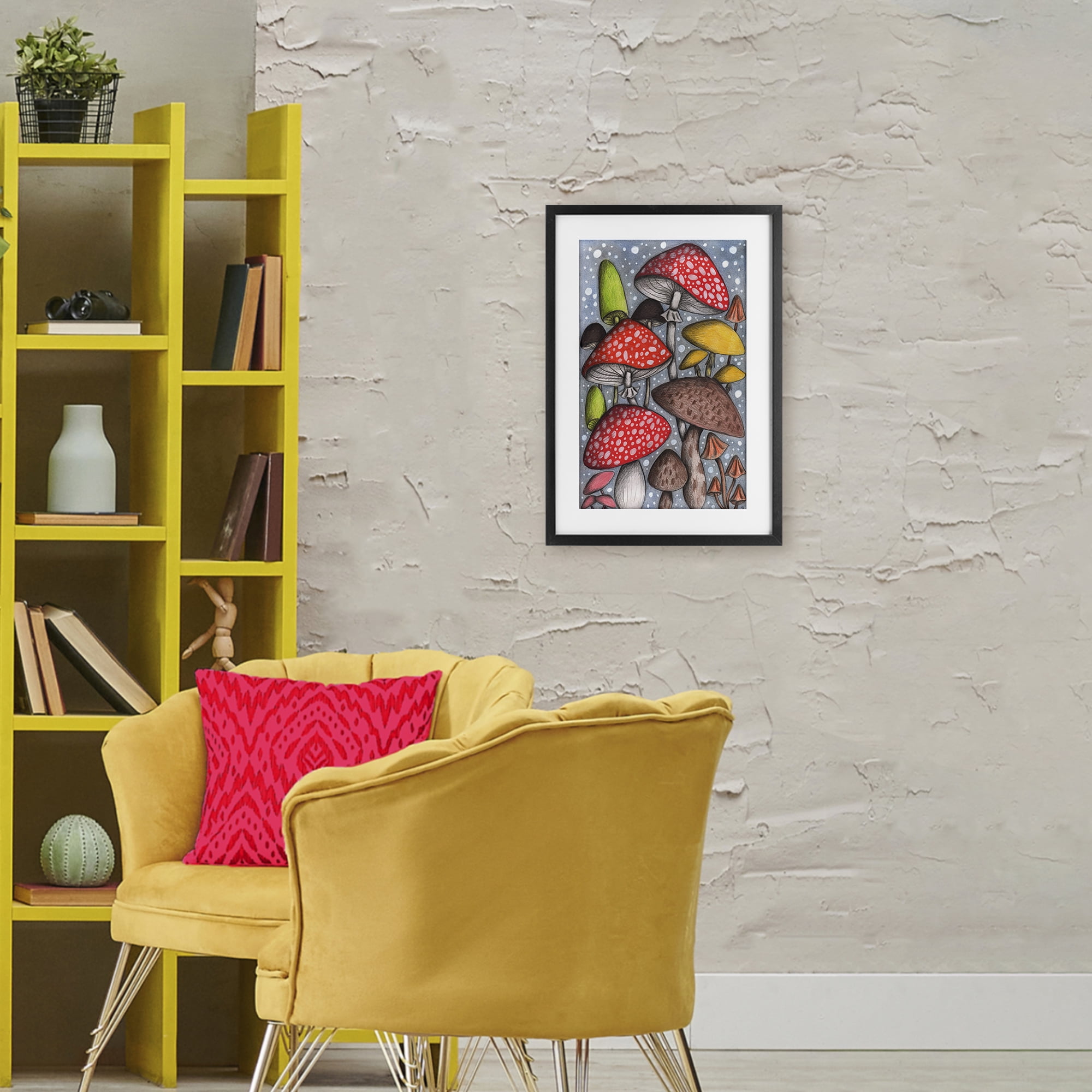Sketched Magical Mushrooms Black Framed Print Under Glass, design by Cecilia Battaini