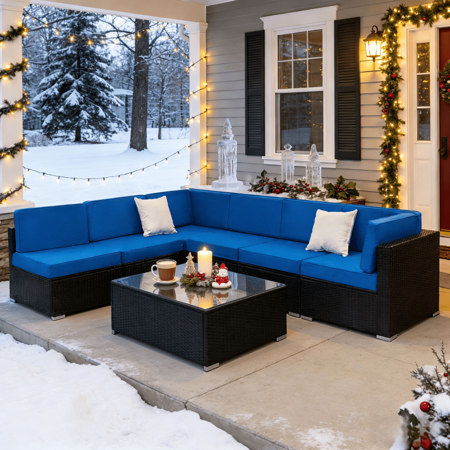 Ktaxon 7pc Outdoor Patio Sectional Sofa Set, Rattan Wicker Furniture All-Weather - Black & Blue