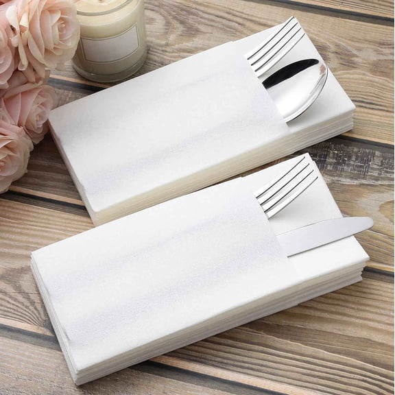 White Napkins with Pocket | Disposable Cloth Like Dinner Napkins | Built-in Flatware Pocket for Wedding Party & Events | Linen Feel