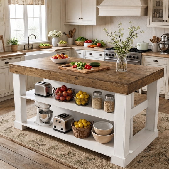 Fnova 55" 3-Tier Kitchen Island with Storage, Farmhouse Large Stationary Island Table with Leg Room, White & Brown