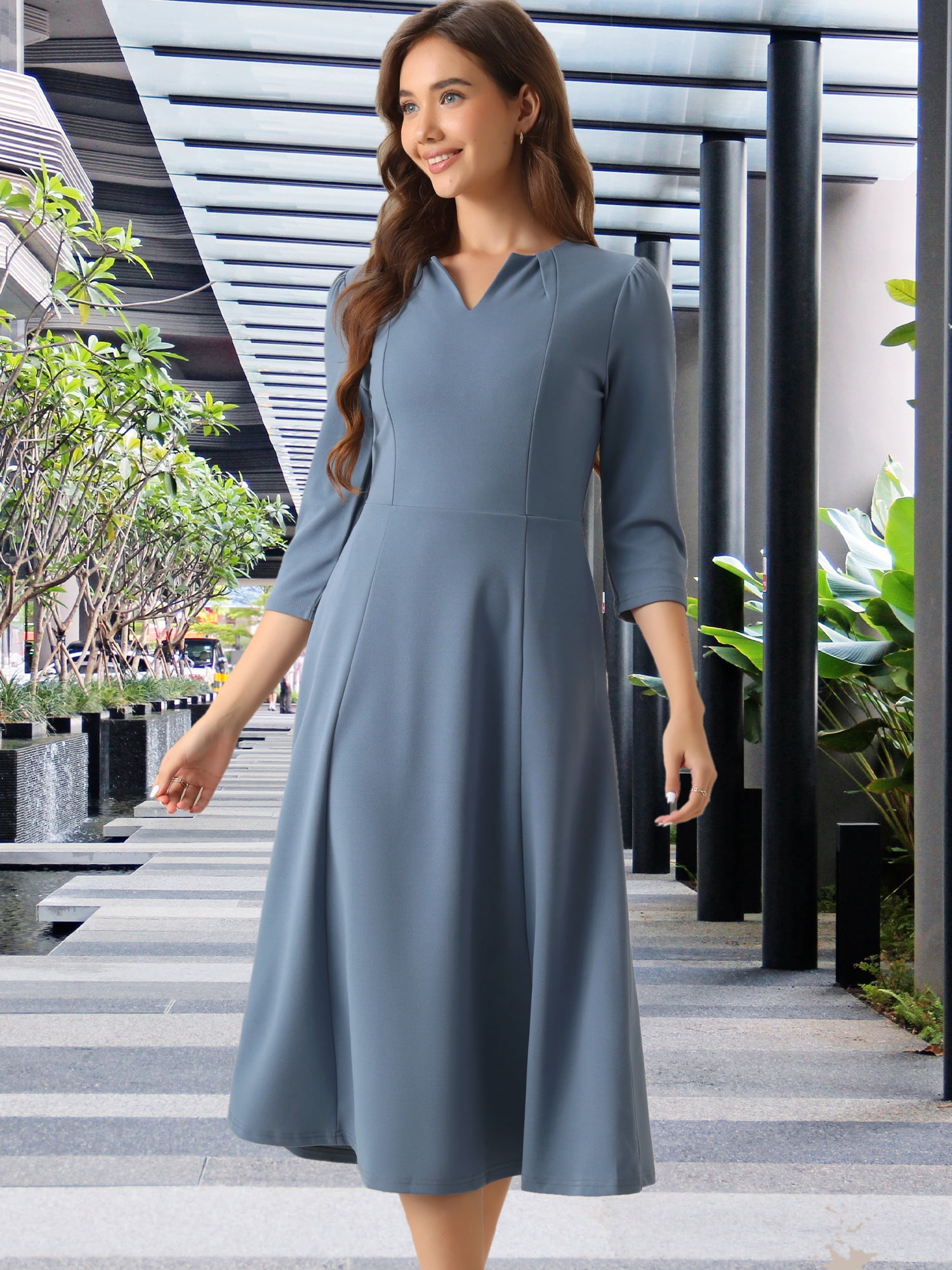 DARING DIVA Work Office Elegant 3/4 Sleeve V Neck A-Line Dress M Gray Blue