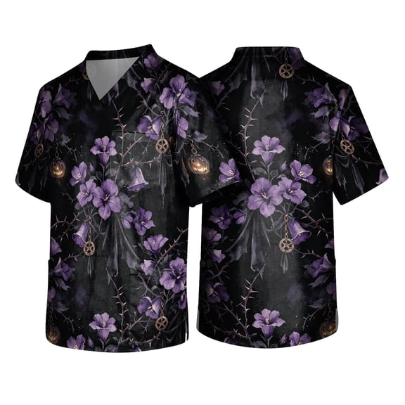 Mens Halloween Printed Scrub Shirts Wrap Cross Front V Neck All Over Pattern Short Sleeve Tops Comfort Fit Medical Clinic Work Uniform Yellow M