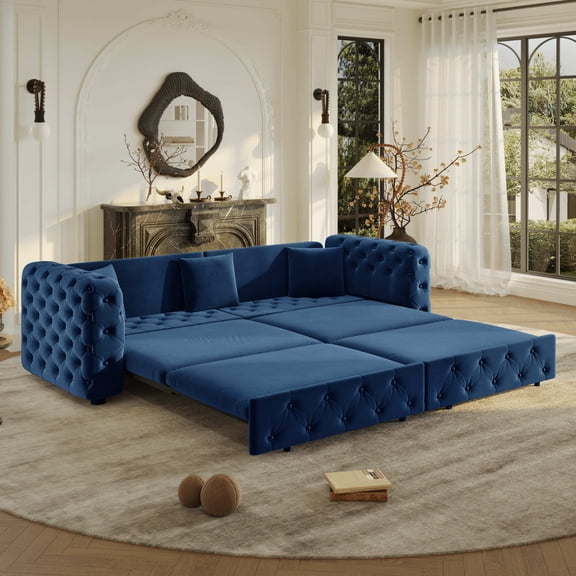 Noble House Belric 4-Seater Velvet Chesterfield Pull-Out Sofa Bed, Multifunctional 3-in-1 Tufted Sleeper Couch, Blue