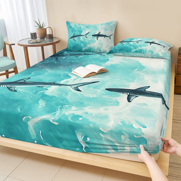 Twin Sze Fitted Sheet Set - Ocean Shark 2 Piece Bedding Sets 16" Deep Pocket Fitted Sheet with 1 Pillowcase, Teal Green Wave Summer Beach Coastal Brushed Microfiber Hotel Luxury Bed Sheets