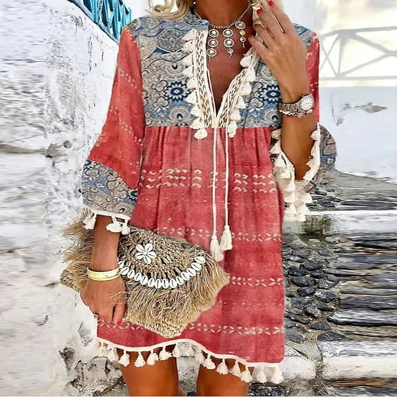 up to 60% off Gifts Usmixi Womens Dresses 3/4 Sleeve V-Neck Western Print Mini Summer Dress Vintage Beach Lace Trim Tassel Loose Tunic Dresses Red Up to 65% off