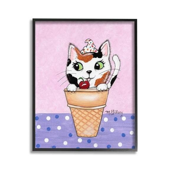 Stupell Industries Polka Dot Cat Sundae Animals & Insects Painting Black Framed Art Print Wall Art, 11 x 14