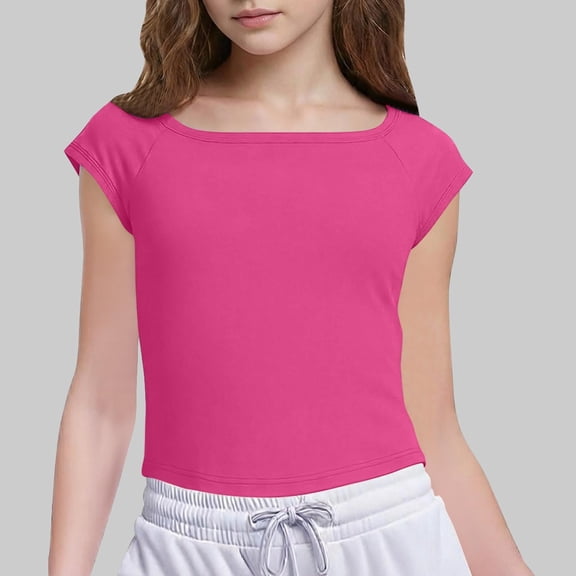ITSAME Girls T-Shirts, Lightweight Breathable Short Sleeve Loose Fit Summer Casual Solid Pullover Top Hot Pink 9-10T