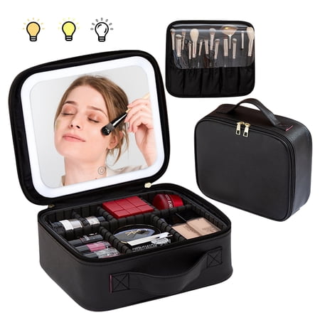 Sextupole Travel Makeup Bag with LED Lighted Mirror, Make up Bag with Adjustable 3 Color Setting, Makeup Organizer Box with Adjustable Dividers for Women Beauty Gift, Rechargeable Makeup Case (Black)