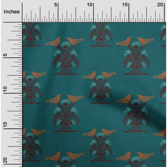 oneOone Polyester Lycra Fabric Bird & Tree Block Print Sewing Fabric BTY 56 Inch Wide