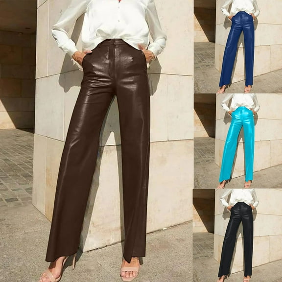 Miluxas Faux Leather Pants for Women High Waisted Flare Leggings Straight Wide Leg Pleather Pants with Pockets