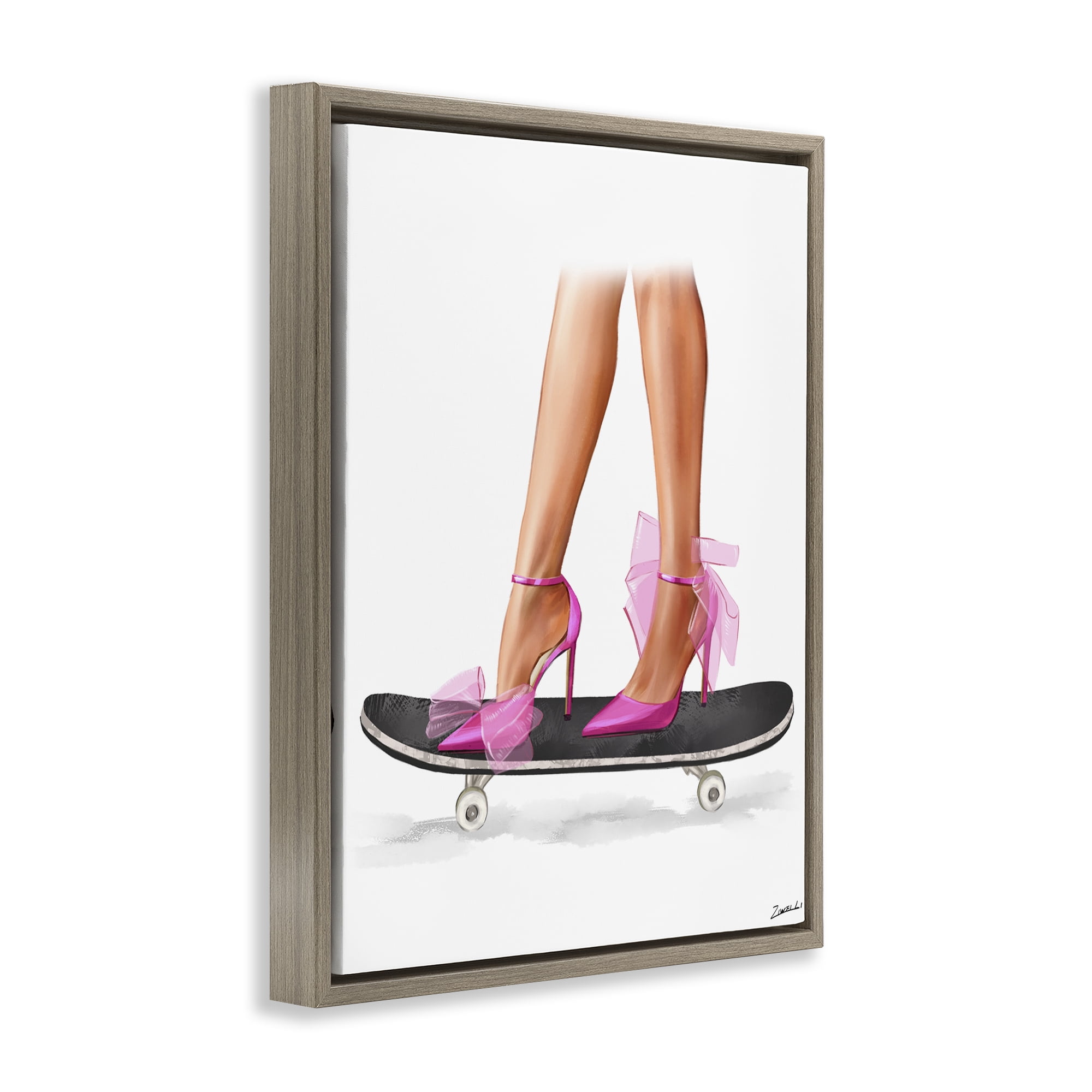Stupell Industries Pink Heels on Skateboard Fashion Painting Brown Floater Framed Canvas Art Print Wall Art, 17 x 21
