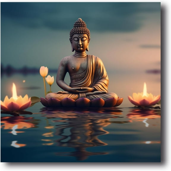 Buddha Canvas Wall Art Buddha Statue & Lotus Flower Painting Prints Zen Pictures Buddhist Spiritual Artwork for Yoga Spa Meditation Room Framed(Picture-4, (12.00" x 12.00"))