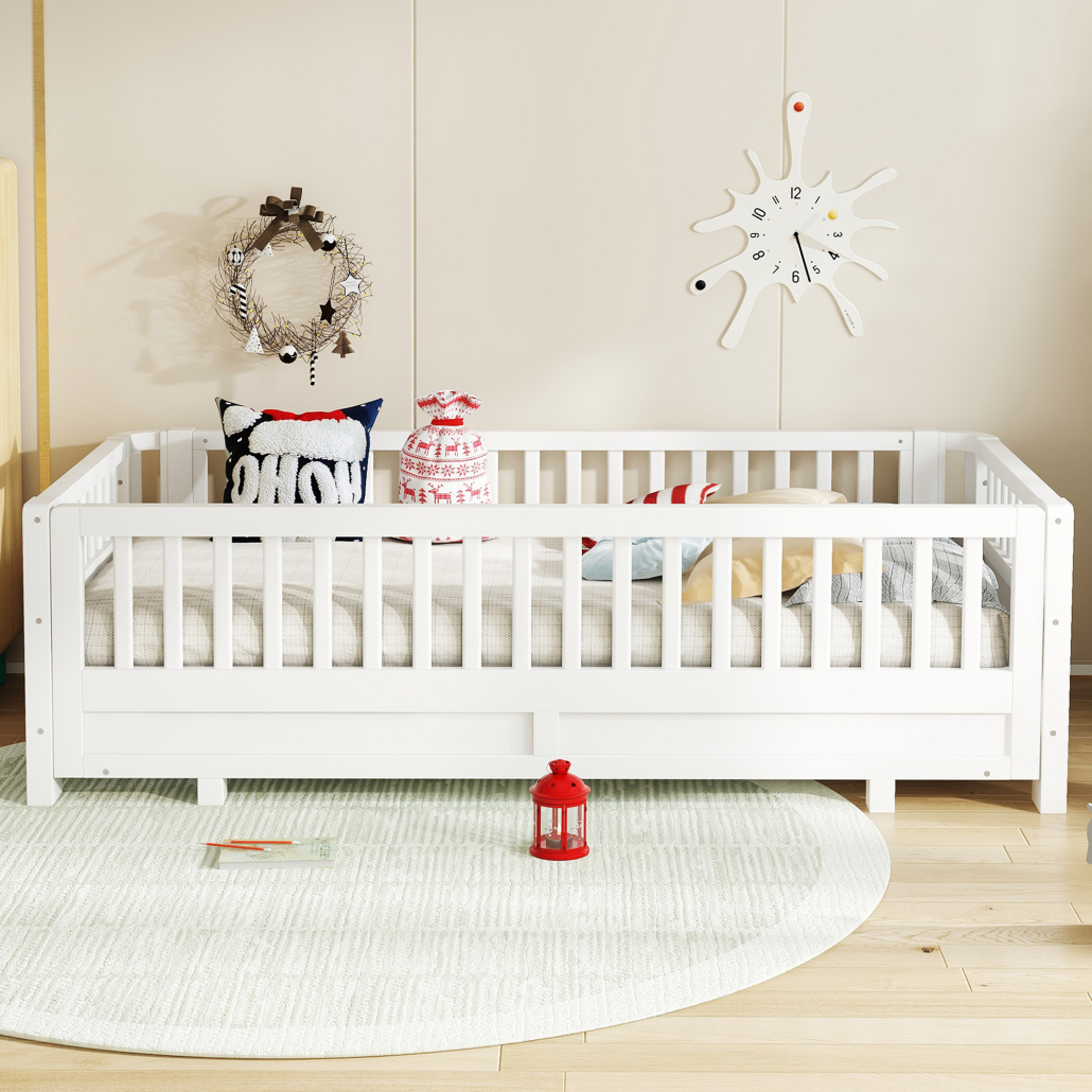 Twin XL Montessori Floor Bed or Queen Platform Bed for Kids, Solid Wood Twin XL Bed Frame with Guardrails, 2-in-1 Convertible Toddler Bed Frame, White