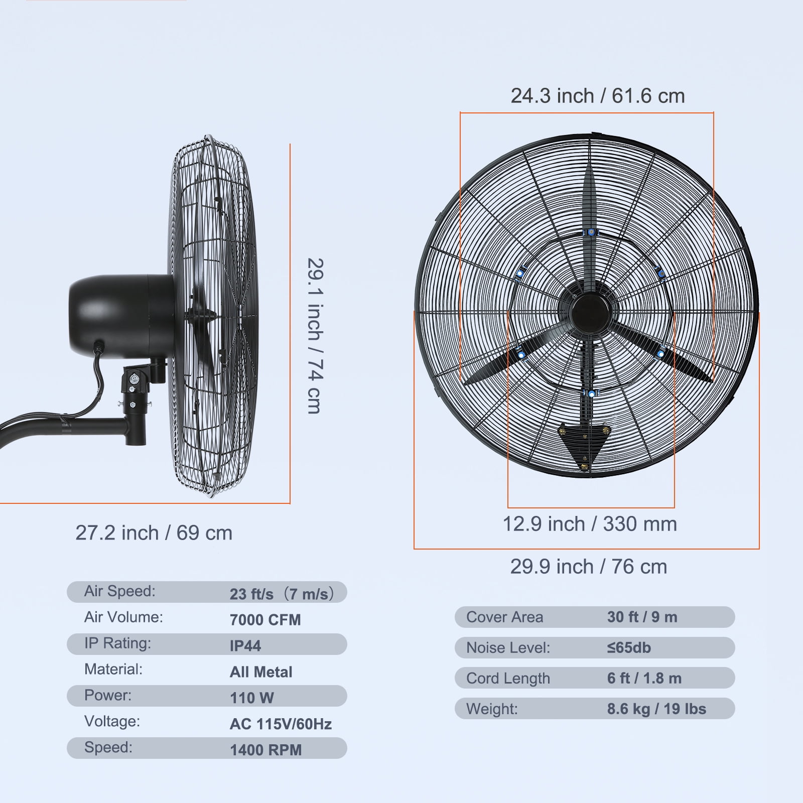 SKYSHALO Wall-Mount Misting Fan Oscillating Metal Fan 24.3'' 3 Speed Waterproof