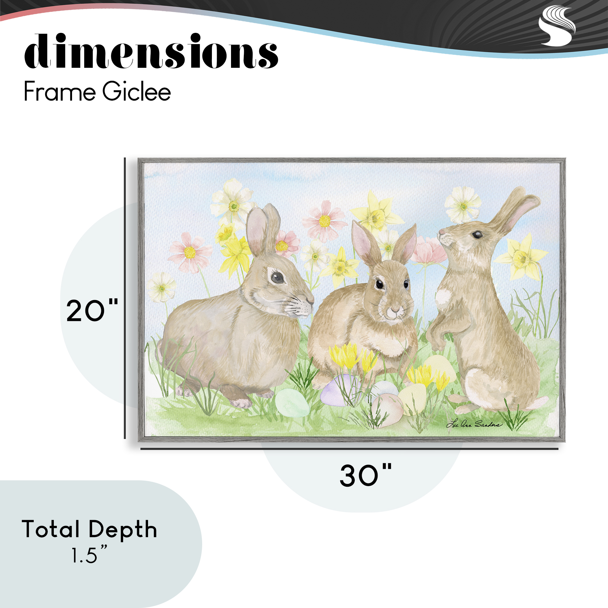 Three Bunnies In The Grass Gray Framed Giclee Art, design by Lee Ann Sanders