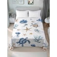 thumbnail image 2 of Full Size Flat Sheet Only, Blue Brown Coastal Soft Brushed Microfiber Bed Sheets, Nautical Summer Beach Sea Turtle Hotel Quality Breathable Bedding Top Sheet, Easy Care, 66"x102", 2 of 9