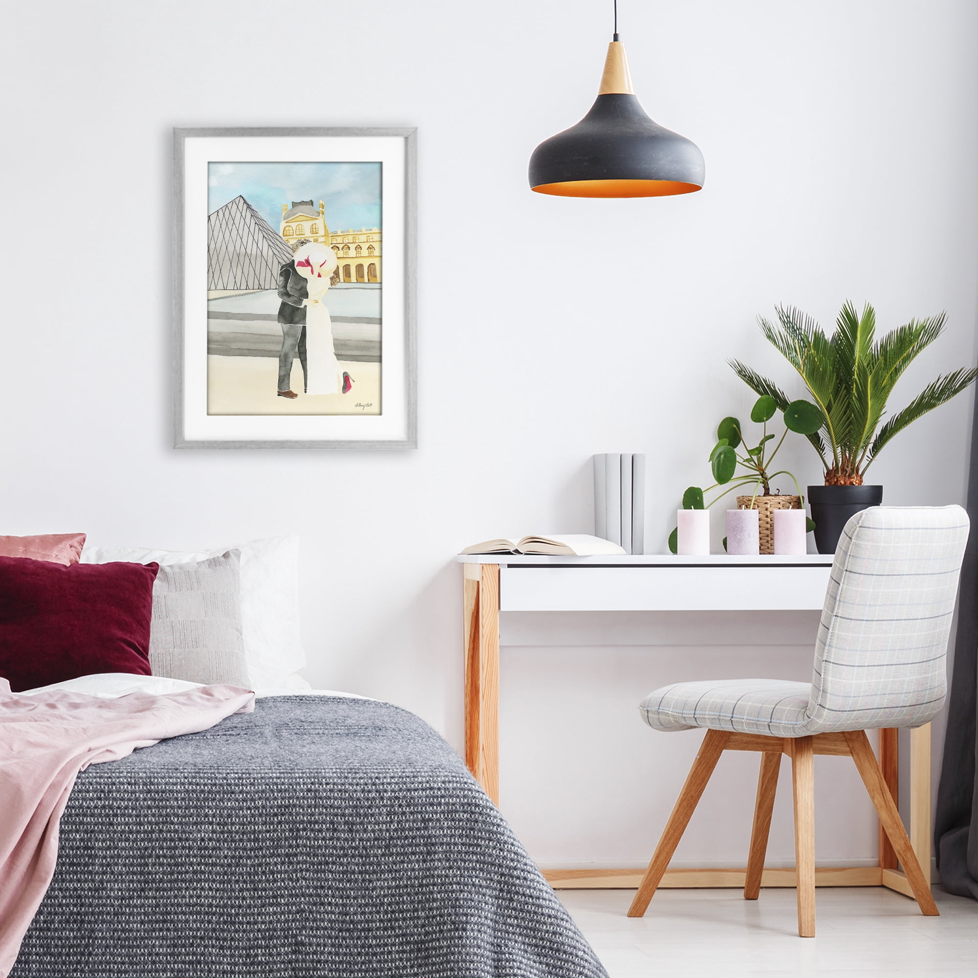 Stupell Industries Couple Embrace At The Louvre Gray Framed Print Under Glass, design by Hillary Holt