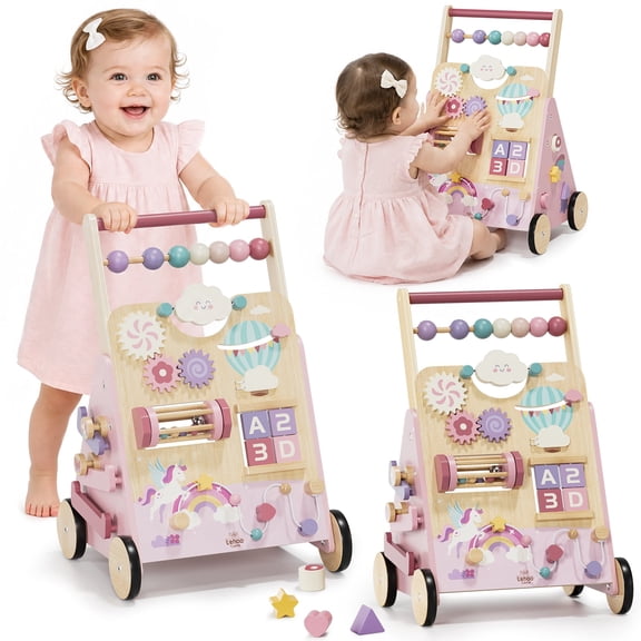 Baby Walker, Wooden Baby Push Walker with Activity Center, Push Walker Toys for Toddler Learning to Walk & Sit-to-Stand, Walking Toys for 1 Year Old