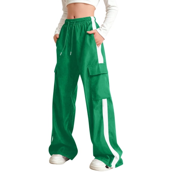 Teen Girls Cargo Pants Baggy Straight Wide Leg Track Sweatpants Striped Joggers with Pockets Athletic Streetwear Green 5-6 Years