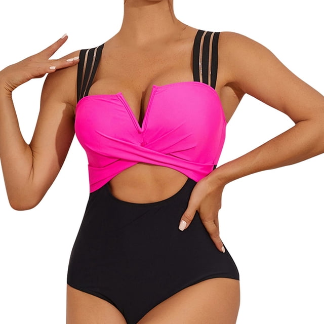 CAICJ98 One Piece Swimsuit Women Plus Size One Piece Swimsuits Tummy Control V Neck Backless Bathing Suits Hot Pink,L