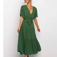 thumbnail image 3 of Robes pour Femmes 2024 Été Surdimensionnée Décontractée Couleur Unie Col en V Lacée Manches Évasées Robe à Empiècements 50 % de Rabais!, 3 of 6